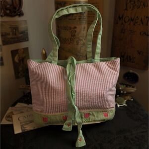 Vintage Floral Embroidered Pinstripe Tote Bag Green Pink